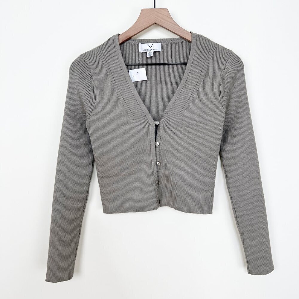 New Magaschoni Fitted Ribbed Knit Cardigan Sweater Old Money Quiet Luxury Preppy